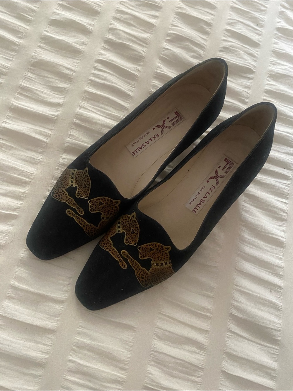 Black Suede Pointed Toe Pumps with Gold Embroidery